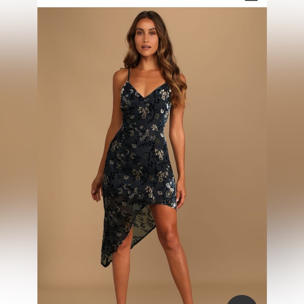 Evenings with You Dark Teal Floral Velvet Asymmetrical Dress NWT